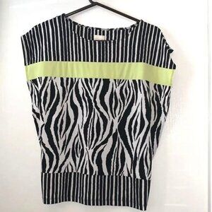 Chicos Zebra Print Black/White Stripe Top W/ Neon Yellow Accent Size 0 Polyester